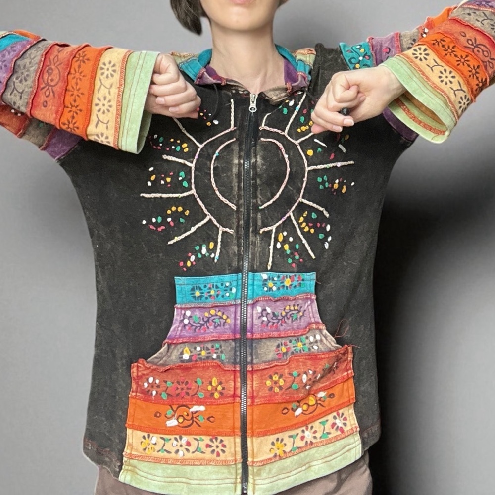 Rising International Patchwork Embroidered Zip Up… - image 4